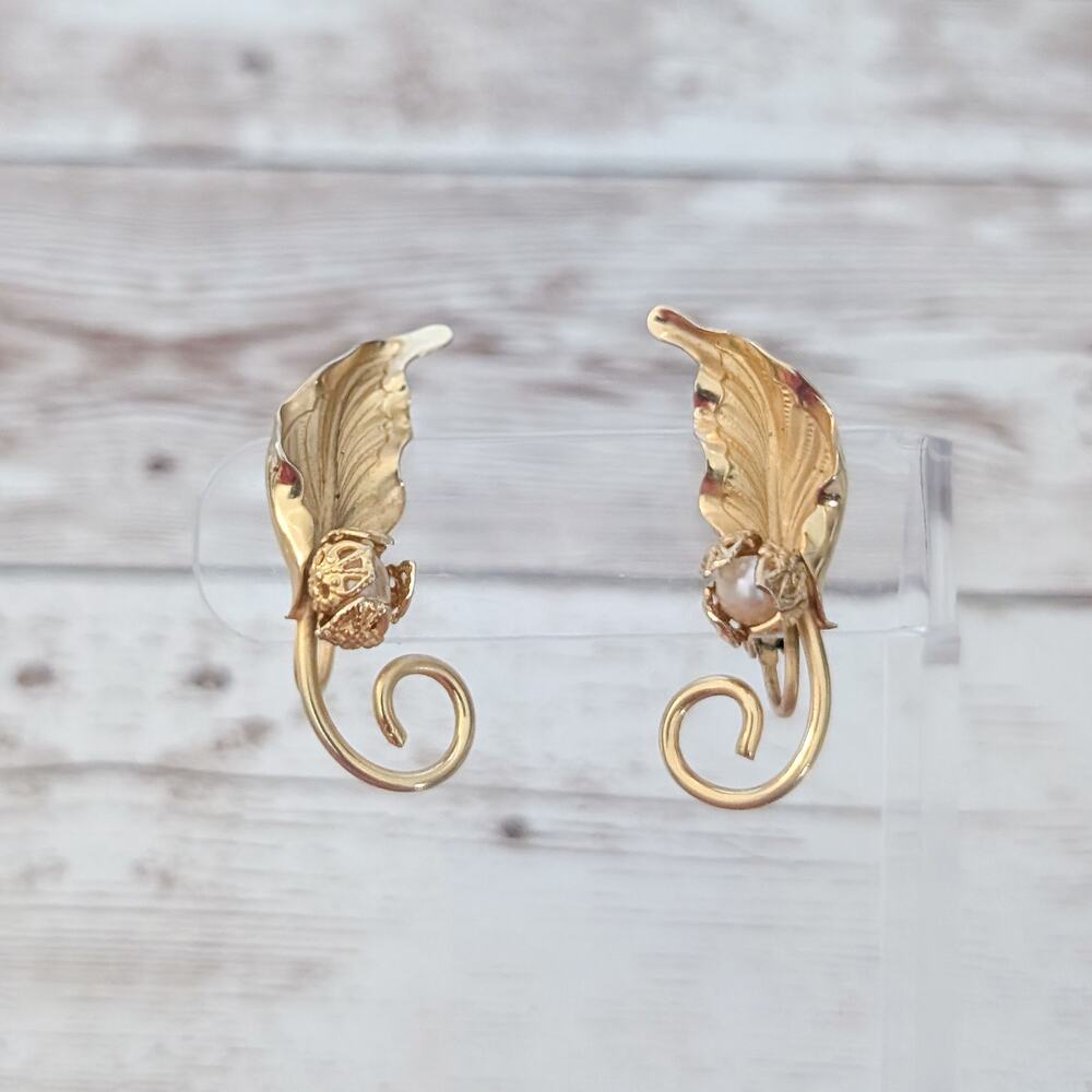 Vintage Clip On Earrings Leaf With Faux Pearl Whimsical Gold Tone Statement
